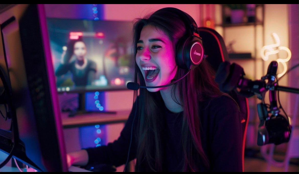 Woman in a pink gaming headset on a KIKIN Squad video chat